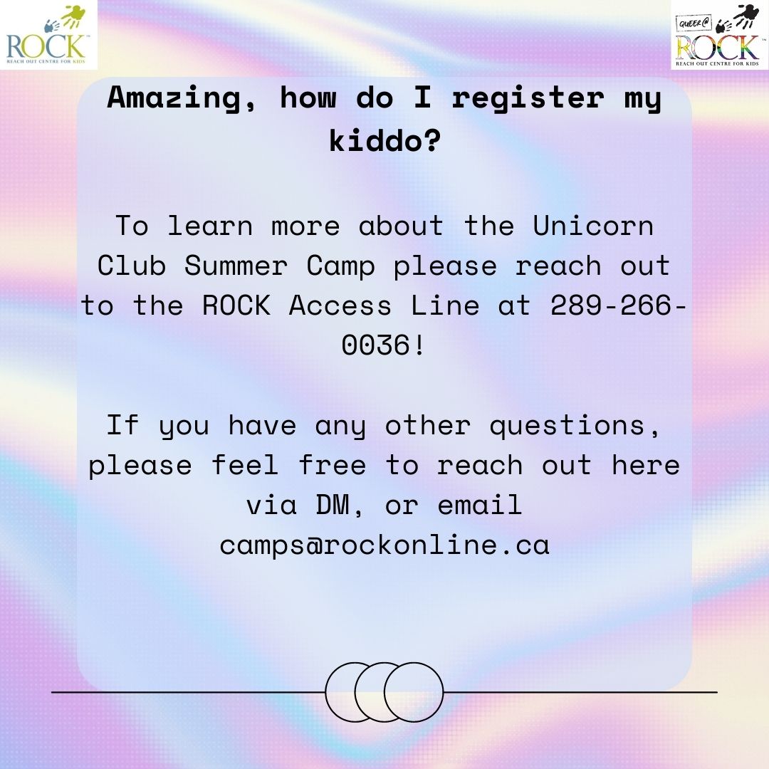 Hello Twitter friends!! We've still got spots for the free Unicorn Club Summer Camp for trans &amp; gender diverse kiddos aged 6-8 &amp; 9-12!  Questions? Want to register? Let us know or reach out to the ROCK Access Line at 289-266-0036! 🦄☀️🌈