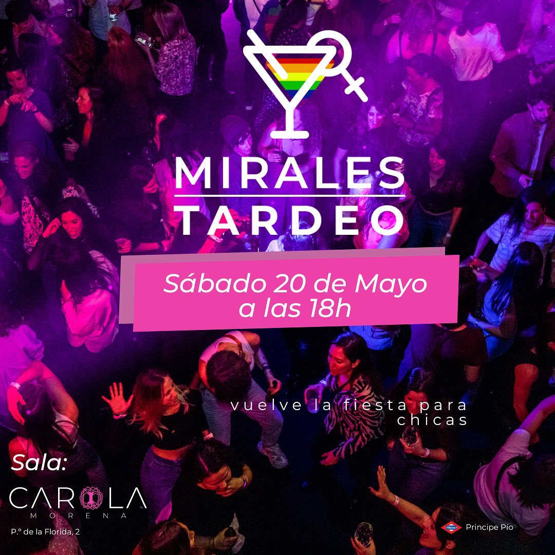 _carolamorena's tweet photo. Tardeo MiraLES, la fiesta lésbica más exclusiva de Madrid en horario de tarde. 🥂

🔺Sábado 20 de mayo. Desde las 18h hasta las 23:30 horas. Tendremos espectáculos y sorteos de regalos muy especiales.

¡Tus entradas aquí! 🎟️ https://t.co/pKEMM45BR3 https://t.co/2CNMkoiody