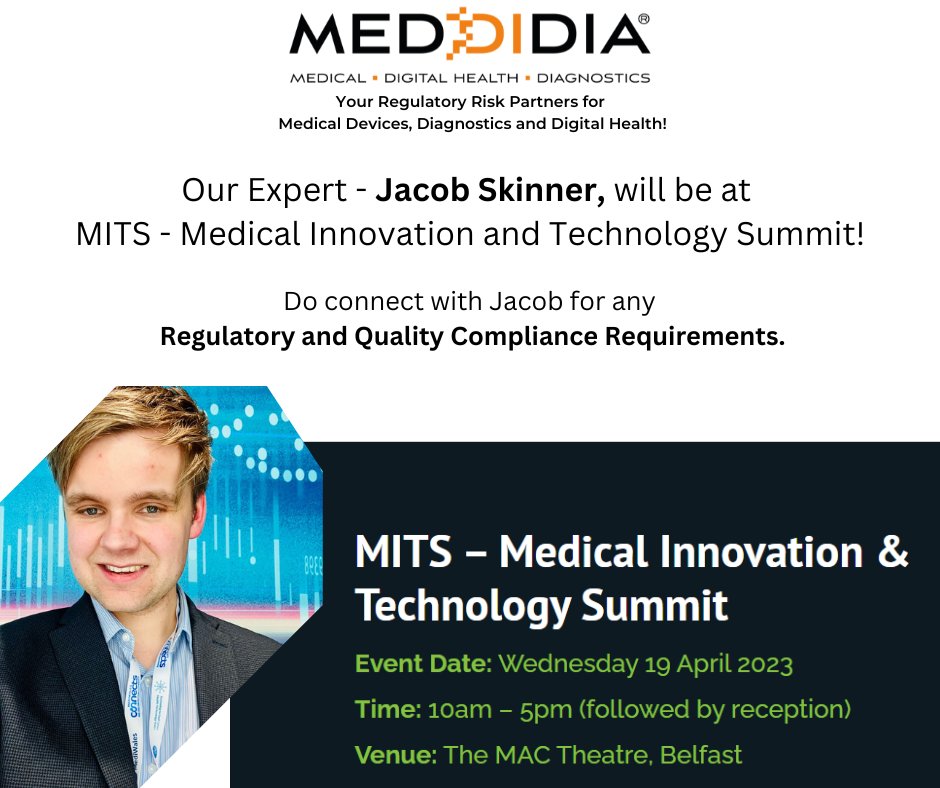 MedDiDia's tweet photo. Jacob Skinner will be present at MITS – organised by @hiranihealth
We are offering a FREE Consultation for All the Attendees of #MITSBelfast
Book yours https://t.co/MMEcuIKddj
#RegulatoryCompliance #MedDiDia #PRRC #EUAR #USFDA #MDR #IVDR https://t.co/HDbSLN4i57