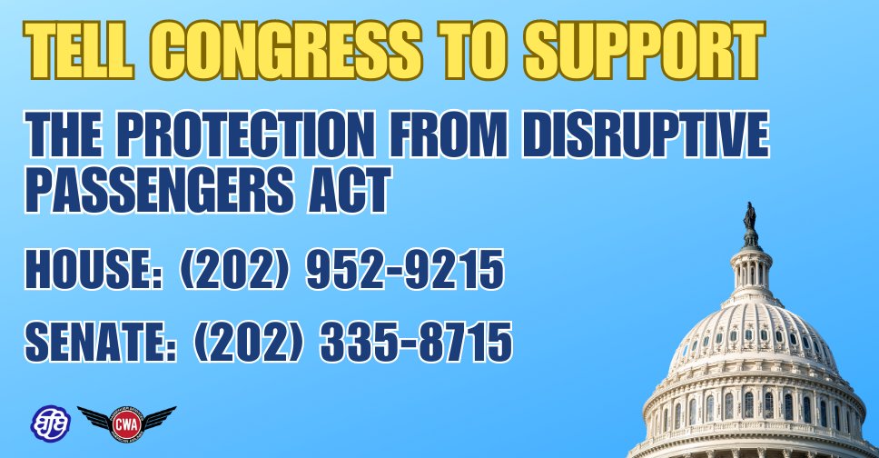 TAKE ACTION: Today, we’re joining <a href="/CWAUnion/">CWA</a> Passenger Service Agents &amp; other aviation unions to call on Congress &amp; urge them to cosponsor the Protection from Disruptive Passengers Act.

📱House: (202) 952-9215
📱Senate: (202) 335-8715

More info + script
afacwa.org/take_action_ur…