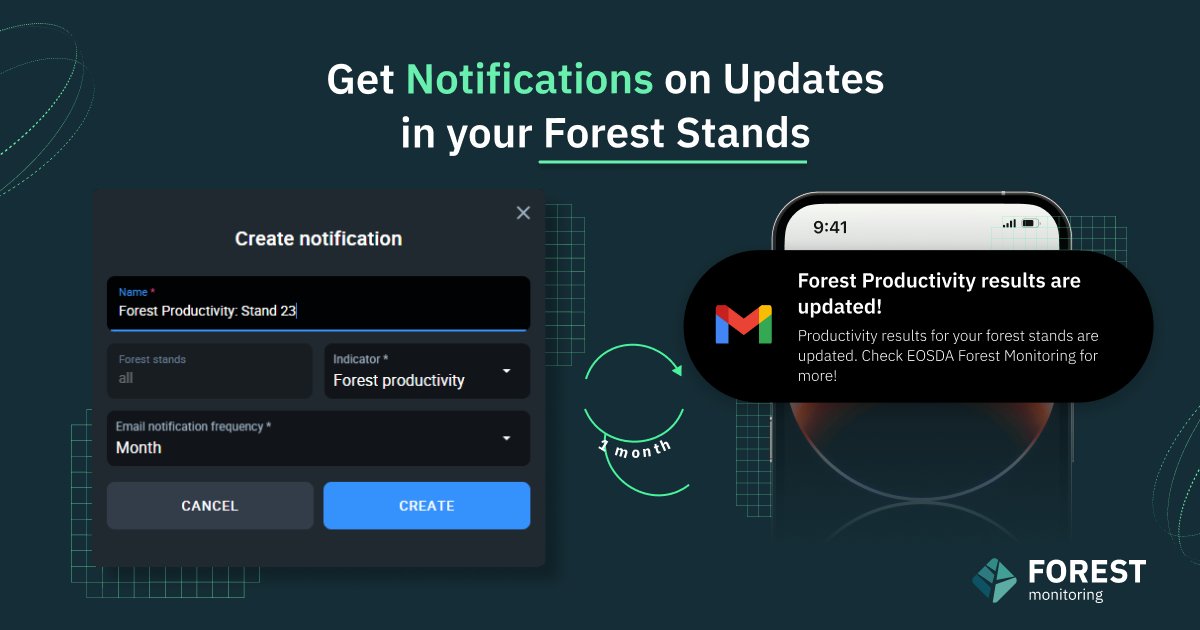 EOSDA_Forest's tweet photo. 📩 Get notified on changes within your #forest stands with Notification Manager. Set up and manage notifications including #ForestProductivity, #WaterStress, #Deforestation and #ThermalAnomalies. 🌲 Customize EOSDA Forest Monitoring to  suit your needs: https://t.co/JgAdi98iOb https://t.co/1Nw0hBurOs