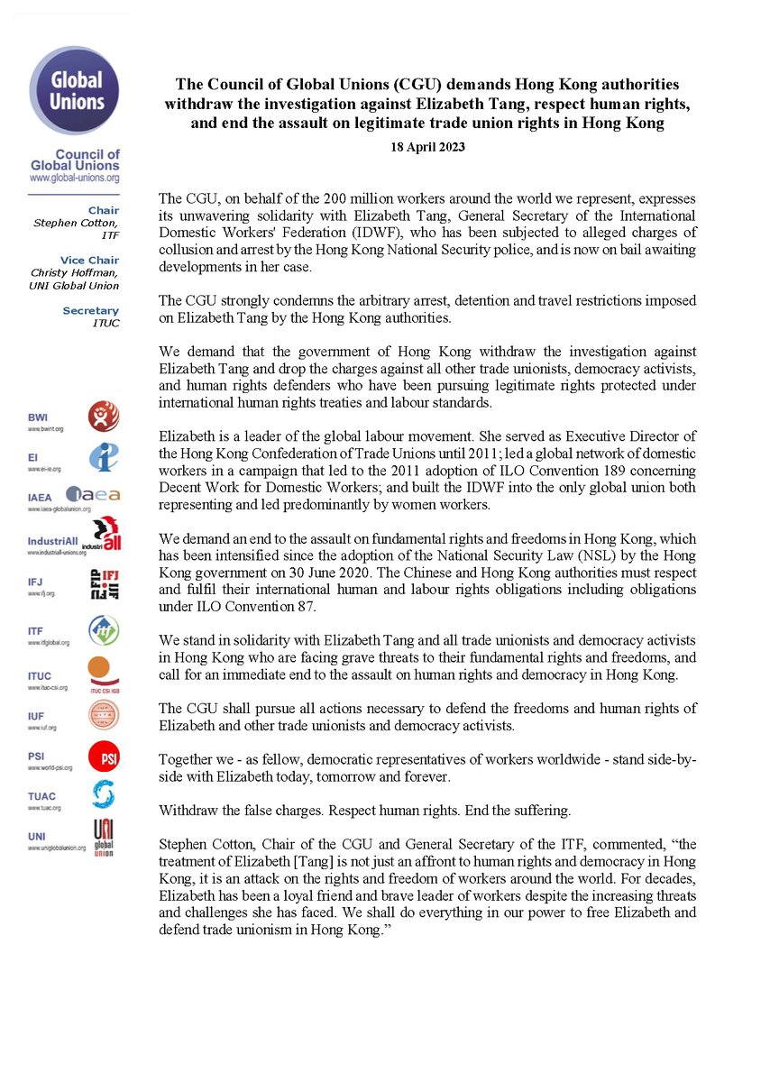 TUACOECD's tweet photo. 🚨TUAC stands in solidarity #ElizabethTang
General Secretary of @IDWFED
👉🏾 with the Council of Global Unions, TUAC demands #HongKong authorities
📢withdraw the investigation against Elizabeth Tang
📢respect #HumanRights
📢end the attack on trade union rights in Hong Kong https://t.co/NXr5rjyGPq
