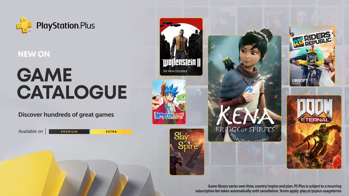Wario64's tweet photo. Games up on PS+ Extra:

Kena Bridge of Spirits https://t.co/OZVYUtquMY
Doom Eternal https://t.co/SfiTJ9t31h
Riders Republic https://t.co/xk6dENdPkP
-Wolfenstein II TNC + Old Blood https://t.co/ZpvaEQA38K
-Slay the Spire https://t.co/TtAEeN7PuD
-Monster Boy https://t.co/5LqKtJeQK0 https://t.co/SXDUN8eyae