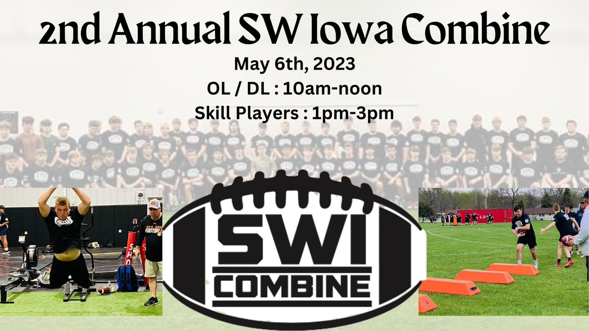 SWIA_Combine's tweet photo. Still time to register to compete at the 2nd Annual SW Iowa Football Combine!!  Register at https://t.co/t46UoPM53O by April 25th to get your performance shirt.  @HarleyH10 @ShenActivities @Clarinda_Cards @Nodaway_Valley @GlenwoodRams @IHSAA @iowapreps https://t.co/dOKzDzX5wy