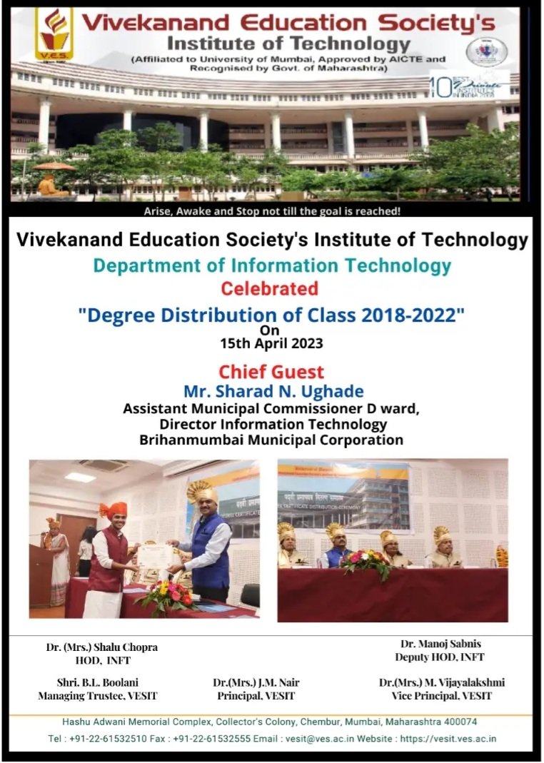 vesitedu's tweet photo. Congrats to all IT degree graduates of VESIT! Honored to have BMC's Director IT as our Chief guest and his inspiring speech on IT initiatives by BMC &amp; opportunities for IT engineers. 
 #BMC #DirectorIT  #VESIT #opportunities @vesitedu
@UghadeSharad
@mybmcit
@mybmcWardD https://t.co/63ZFdbemYn