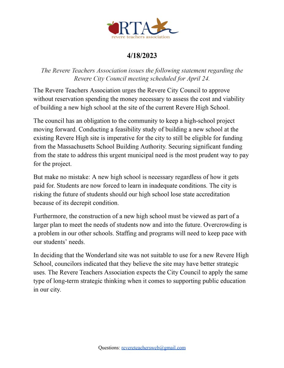 The Revere City Council voted down funding for a new high school - a project 6+ years in the making. Now, on 4/24, the CC will vote on a new feasibility study for a new location... starting all over. They better approve the funding, or we'll never get the building our kids need.