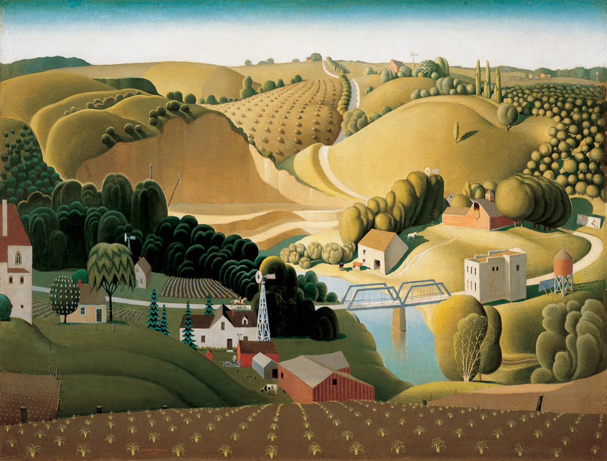 eclectickling's tweet photo. Je me prête au jeu aussi…
Voici 10 de mes tableaux préférés (sans ordre) 🧵

1. Grant Wood bien sûr - mais un autre tant qu’à faire - donc : Stone City, Iowa (1930) https://t.co/Qj2fJQfGIL