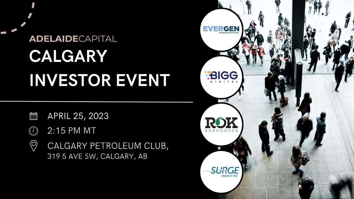 Let us know if you want to join us in Calgary for an investor lunch hosted by @adelaide_cap next week!

📅 Tuesday, April 25, 2023
⏰ 2:15 - 5:15 pm PT
📩 RSVP to info@adcap
📌 Event details: bit.ly/4037C72

TSXV: $EVGN | OTCQX: $EVGIF
#RenewableNaturalGas #RNG