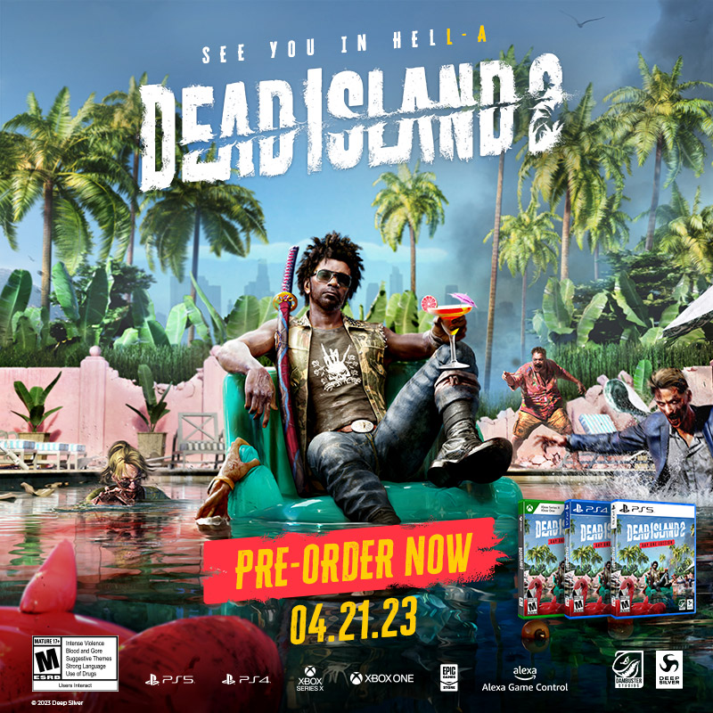 deadislandgame's tweet photo. The wait is over - the king of zombie slaying is back and dripping with gore! See you in HELL-A, zombie slayers.