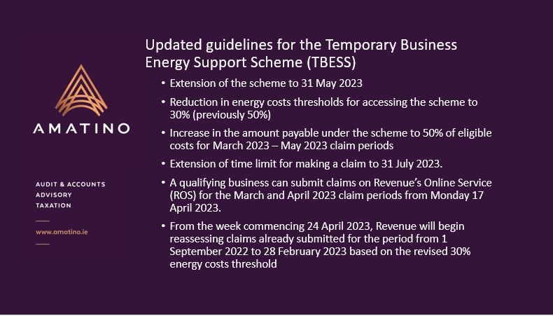Amatino is pleased to inform your that State aid approval has been received for amendments to the Temporary Business Energy Support Scheme (TBESS) contained in Finance Bill 2023.
Find out more here -amatino.ie/news/tbess-upd…