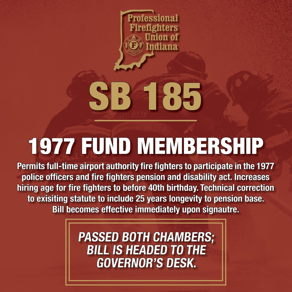 SB 185 passed the House and Senate. The bill advances to the House floor. The bill is headed to the Governor's desk. For more information on SB 185, visit bit.ly/40kWZwe. #inlegis