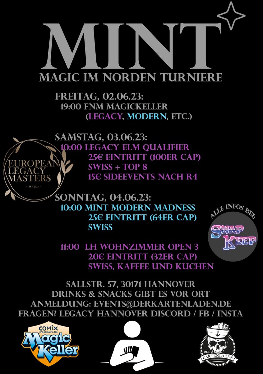 Wir haben konkrete Infos versprochen und hier sind sie: alles auf einen Blick was es über das große Magicwochenende im Juni von <a href="/Keller_Hannover/">Magickeller Hannover</a> , <a href="/der_kartenladen/">Der Kartenladen Hamburg</a> und uns zu wissen gibt. Das alles auch demnächst zum Hören bei <a href="/dasisnkeep/">Snap-Keep - Der Legacy Podcast</a>. Erscheinen Sie, sonst weinen Sie!