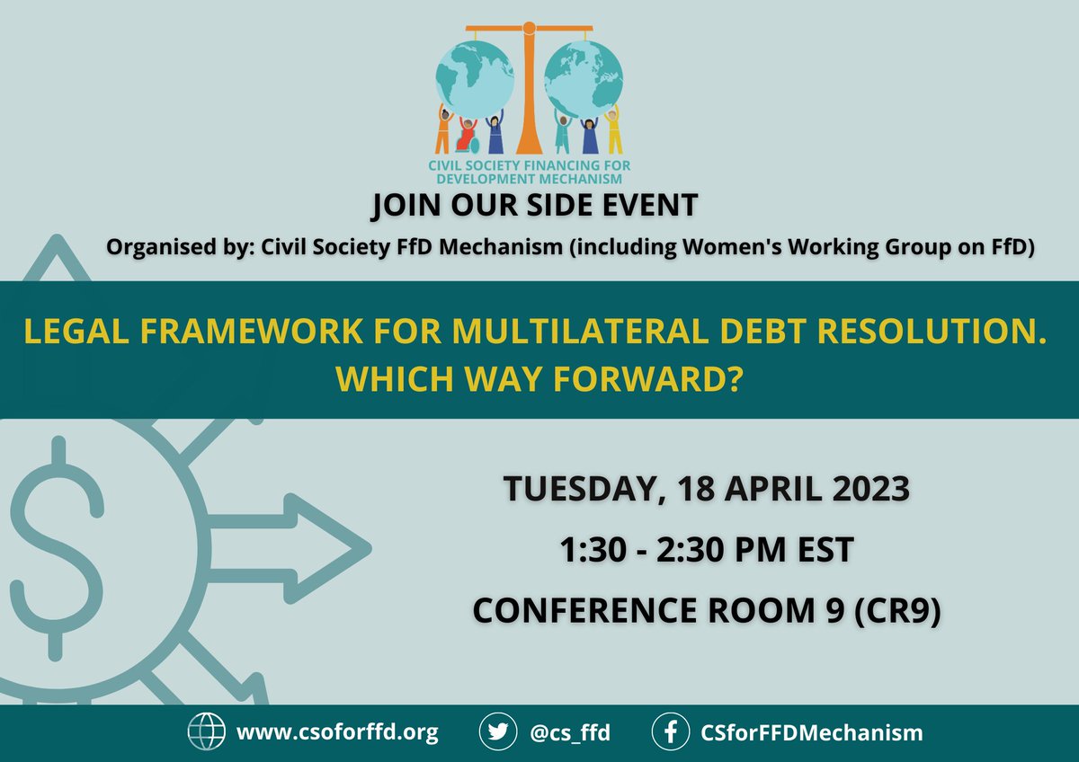 SID_INT's tweet photo. Join @cs_ffd's side event at the @UN #Fin4Dev forum, where they discuss #debtcrisis prevention & resolution processes:
➡️'Legal framework for multilateral debt resolution. Which way forward?'
🗓️18 Apr 13.30 EST
📍CR9, UN HQ
#FfDForum #DebtJustice #CanceltheDebt #DebtWorkout https://t.co/kQ8g27WVSb