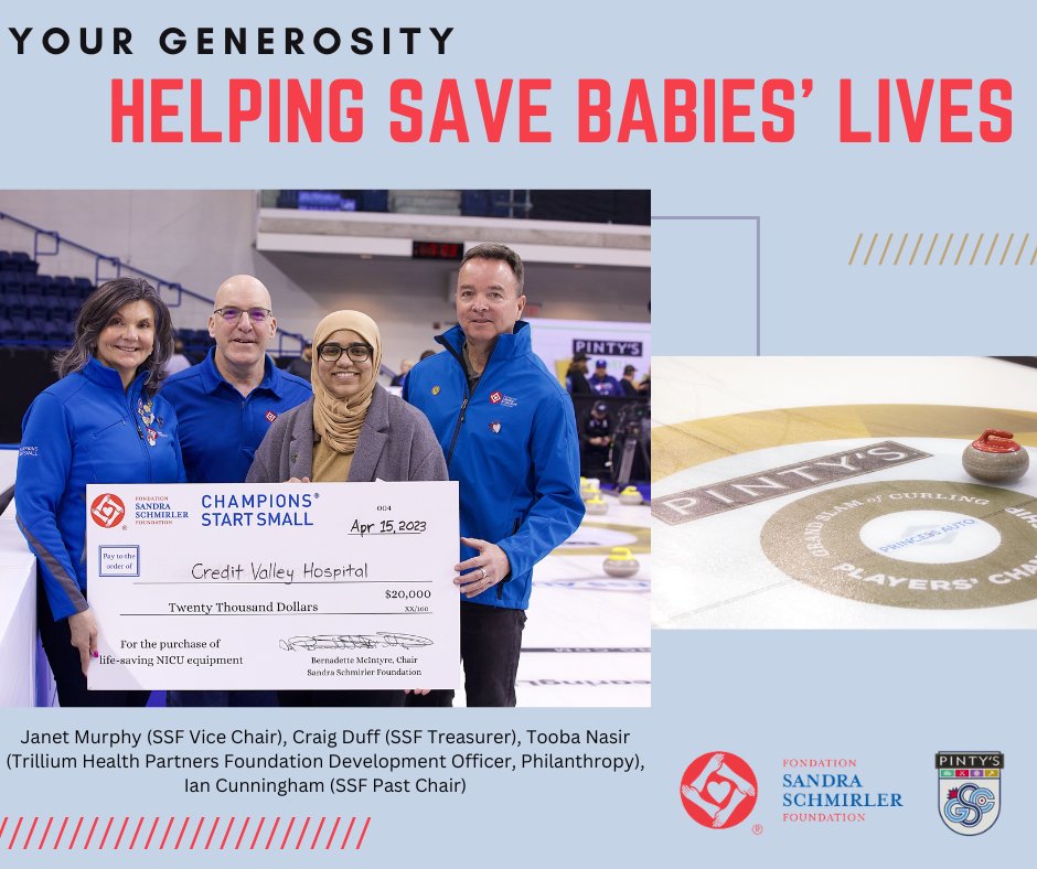 SandraSchmirler's tweet photo. Curling events shining with your generosity. 🤝

We've given over a quarter million dollars to help babies in host communities of @grandslamcurl events, including this past week where we presented $20,000 for more life-saving equipment at @THP_foundation's Credit Valley Hospital. https://t.co/CC40kZ1e2n
