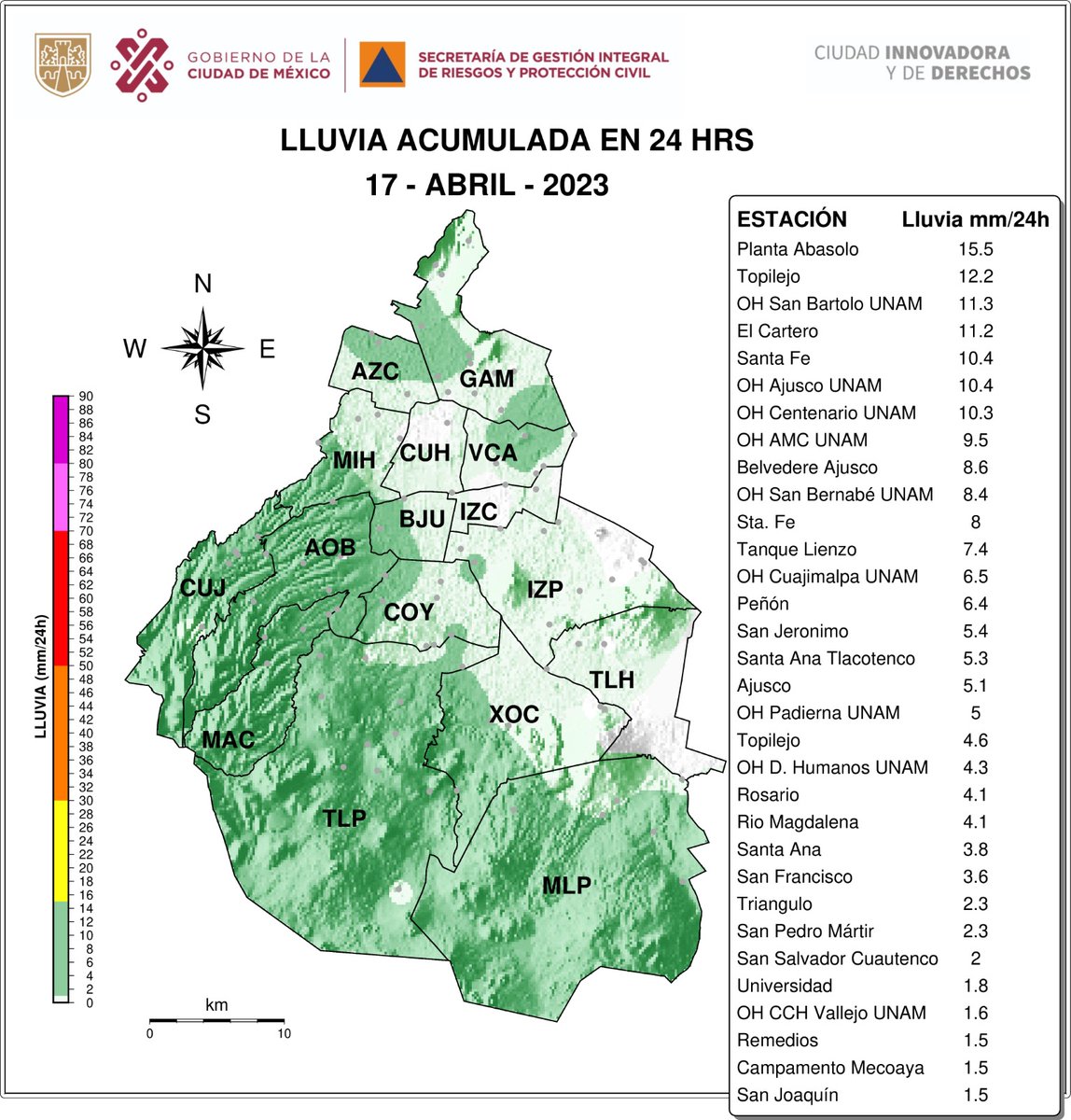 SGIRPC_CDMX's tweet photo. Distribución espacial de las lluvias acumuladas entre las 6 horas del 17/04/2023 hasta las 6 horas del 18/04/2023 por las redes de la @SGIRPC_CDMX, @SacmexCDMX, @conagua_clima y @UNAM_MX.

#LaPrevenciónEsNuestraFuerza https://t.co/U2jRTmpdmG