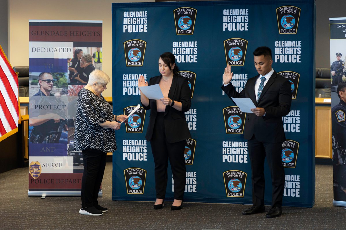 GHPoliceDept's tweet photo. The #GHPD is proud to introduce two of our newest officers! Please welcome Marco Lomibao (#3027) and Areli Guzman (#3028) who were officially sworn in on Friday, April 14. Congratulations Marco and Areli and welcome to the Glendale Heights community! https://t.co/HXDVaeNrD0