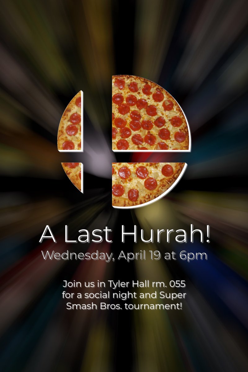 URIRamHacks's tweet photo. Hey Ram Hacks!

The time has come for our last meeting, so we’ve made the necessary preparations. Ready up for tomorrow at 6PM when Ram Hacks holds its very own Super Smash Bros. tournament and social night - pizza included. That’s right, baby, it’s pizza time! 🍕 https://t.co/SseA8IoQPr