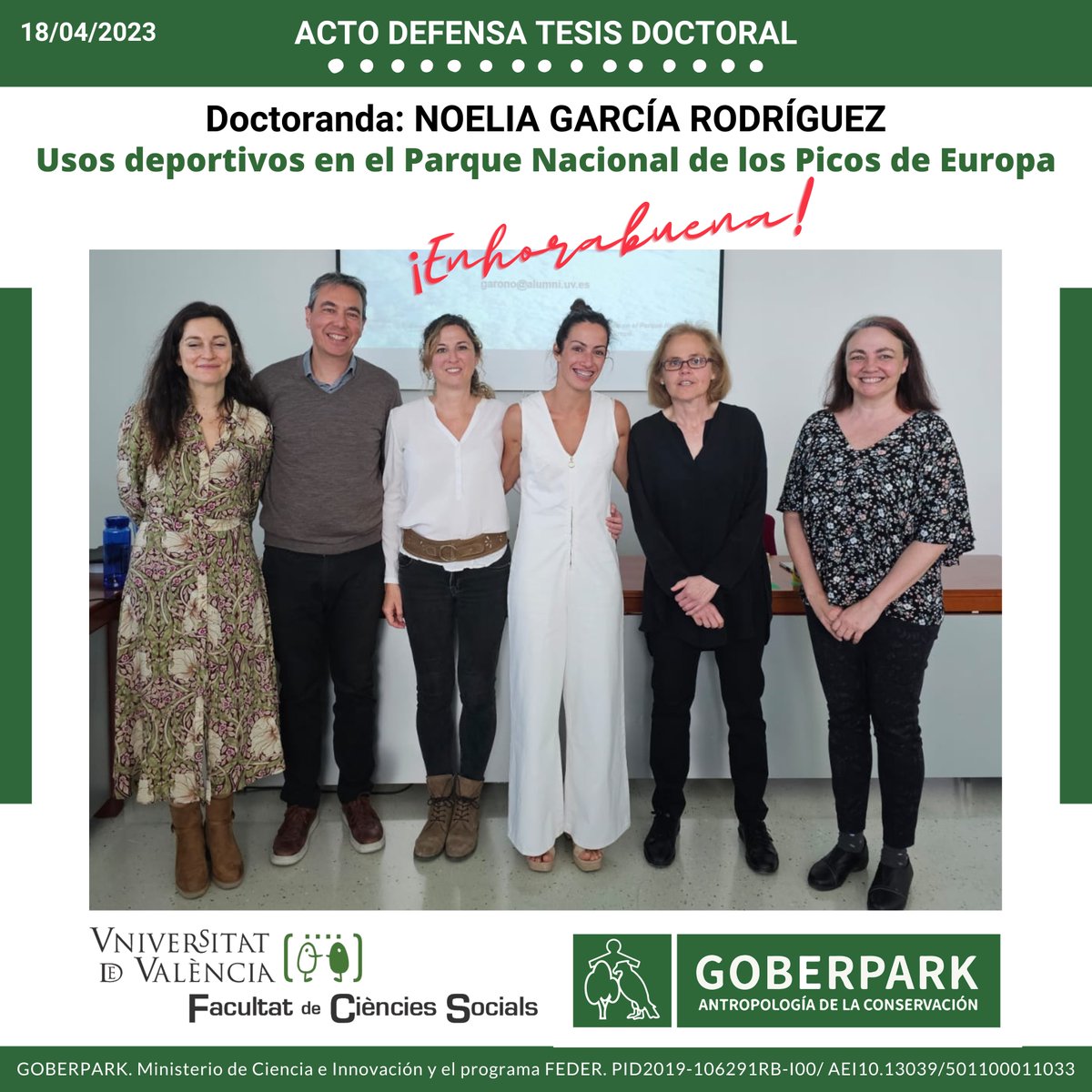 Goberpark1's tweet photo. Hoy, 18/04/2023, ha tenido lugar en la @FacSocialsUVEG  el acto de defensa de la #tesisdoctoral de NOELIA GARCÍA RODRÍGUEZ. Estamos de celebración en #GOBERPARK!!!
Enhorabuena Noelia y enhorabuena a las directoras @beatrizsantaca y Teresa Vicente 👏👏👏👏🤩🤩🤩 https://t.co/vfrUYhRb4g