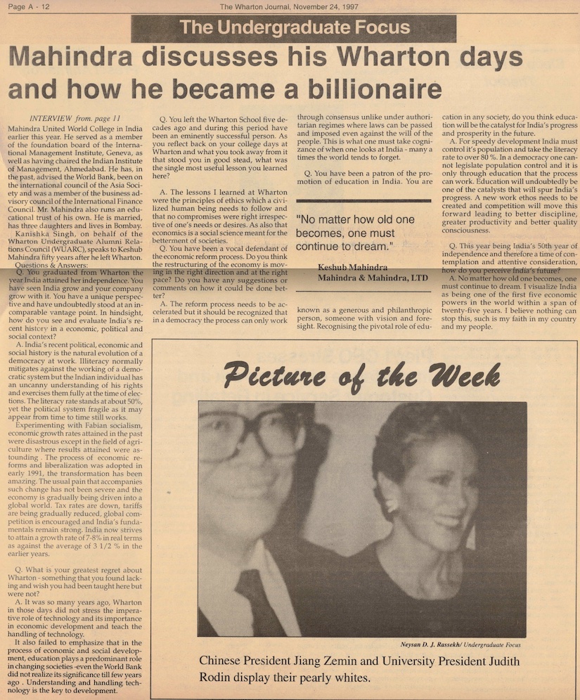My tribute to Keshub Mahindra, doyen of Indian industry. In a 1997 Wharton Journal interview he said “I visualize 🇮🇳 as one of the first 5 economic powers in the world in 25 years.” Clockwork. In 2022 🇮🇳 became the world’s 5th largest economy <a href="/anandmahindra/">anand mahindra</a> <a href="/MahindraRise/">Mahindra Group</a> <a href="/Wharton/">The Wharton School</a>