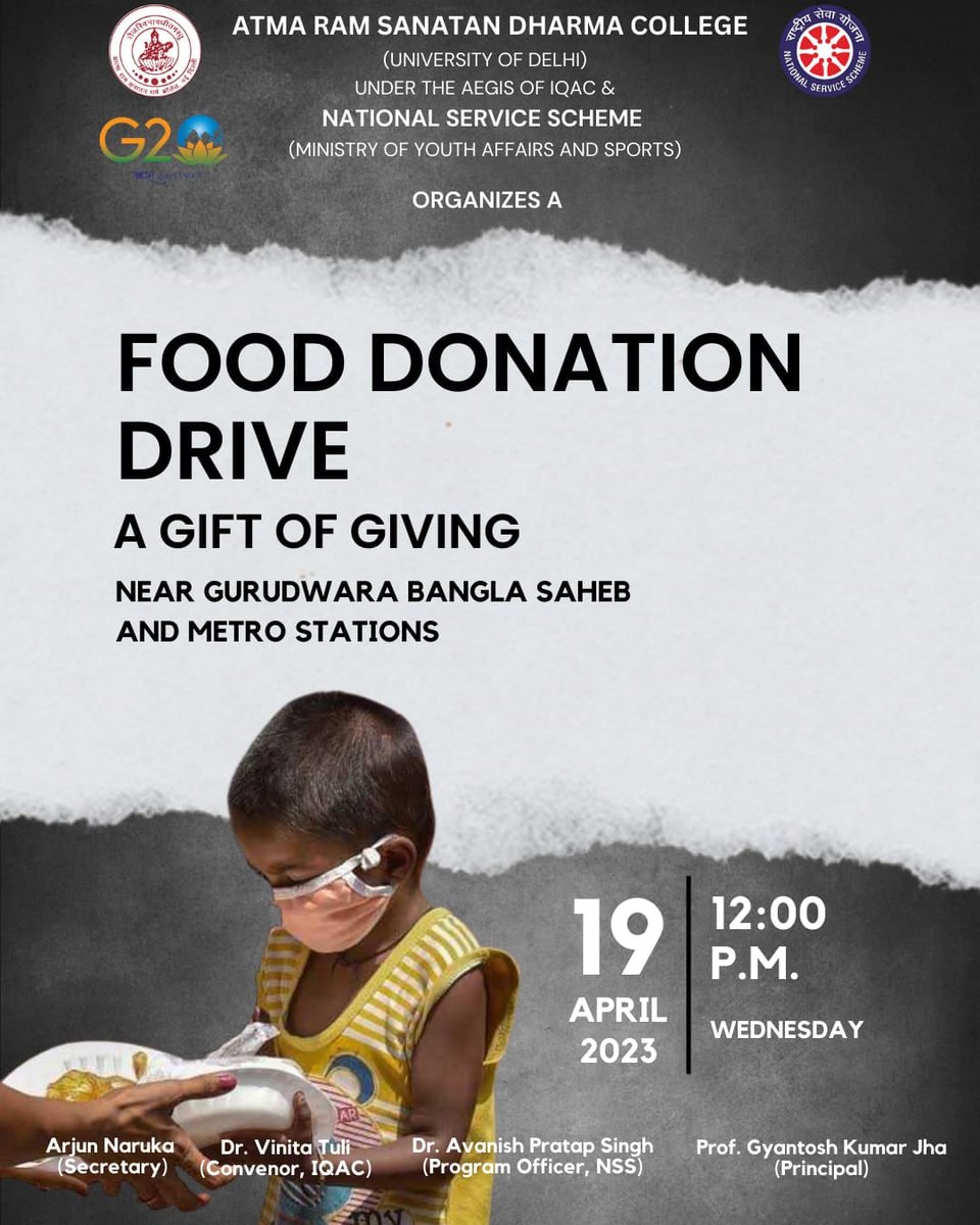 ArsdNss's tweet photo. NSS ARSD is organising food drive under JEEVSEVA for needy people. With this initiative we aim to provide food to those  people who starve daily without food and often sleep empty stomach. https://t.co/TnO0QhXjgG