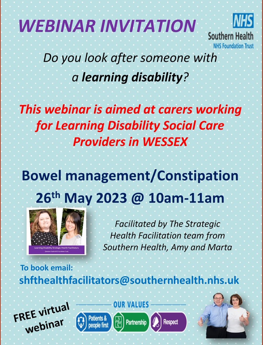 A gentle #reminder for all paid #carers, #LD #careproviders, #supportworkers in #Wessex, our #Bowel #Management / #constipation webinar will take place in May. To book on, email us- details below. @NHS_WCA @amycastles @hantsconnect