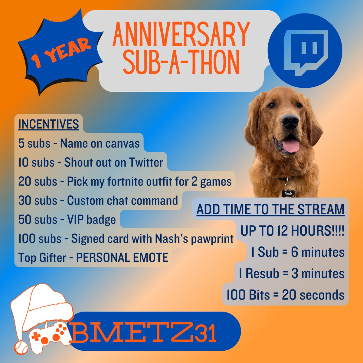 bmetz31's tweet photo. It’s going down a week from today my very first sub-a-thon!!!!!!! A year ago I decided to start streaming on Twitch and it has been a blast ever since. Come hang with me and my squad Tuesday April 25th starting at 1pm EST https://t.co/KIhDxJoTIk
