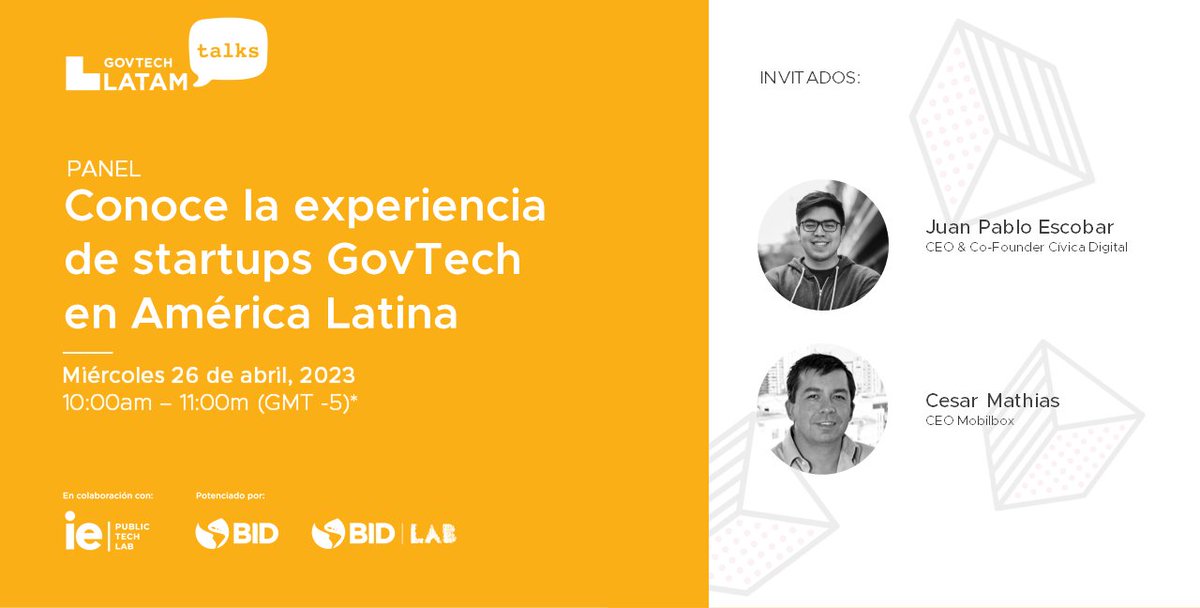 ¡No te pierdas nuestro tercer #Govtech LATAM Talks con enfoque en #startups! Asiste y despeja tus dudas sobre cómo ofertar tu solución y generar #impacto en tu comunidad a través del sector público 💥
📆 26 de abril
🕑 10:00 am (GMT -5) 
🔗bit.ly/GovtechLATAMTa…