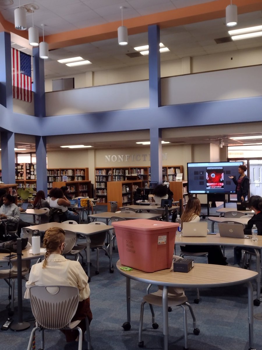 The Media Center is a great space for presentations. Ms. Hope's class is here today presenting on their Othello projects.