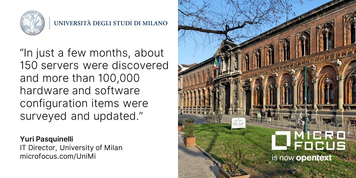 Discovery project @LaStatale automatically collected and updated >100,000 configuration items with @MicroFocus, now @OpenText. #CustomerSuccess #MyCompany bit.ly/41jJDld