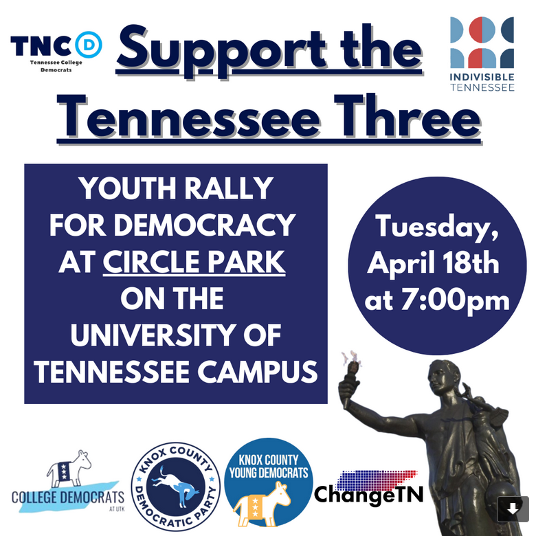 TONIGHT at 7 pm - rally for the #TennesseeThree at UT's Circle Park. Youth-led, open to all. They showed up for us; let's show up for them!