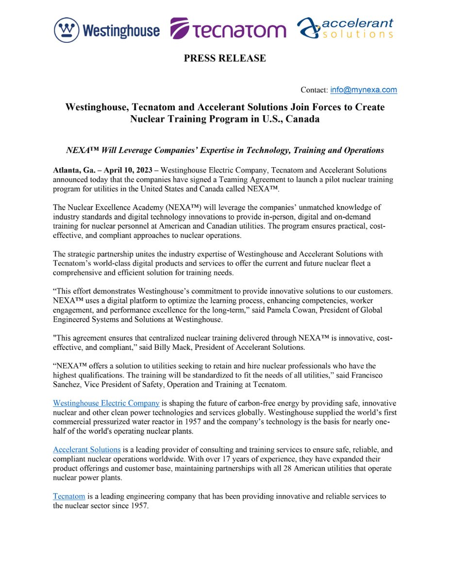 Tecnatom's tweet image. 🔴 @WECNuclear, @Tecnatom &amp;amp; @acceleranttech  have formed a strategic partnership to launch NEXA™ in the United States and Canada.

Read the full press release: tecnatom.es/en/blog/westin…

#nucleartraining #nuclearindustry