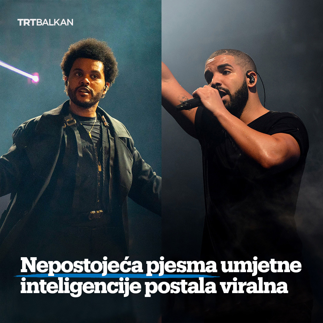 TRTBalkanBHSC's tweet image. Viralna pjesma "Heart on My Sleeve" jedna je od najnovijih inovacija umjetne inteligencije, a simulira glasove Drakea i The Weeknda, prikupivši više od 11 miliona pregleda kroz sedam promotivnih videa.

#AI #umjetnainteligencija #muzika