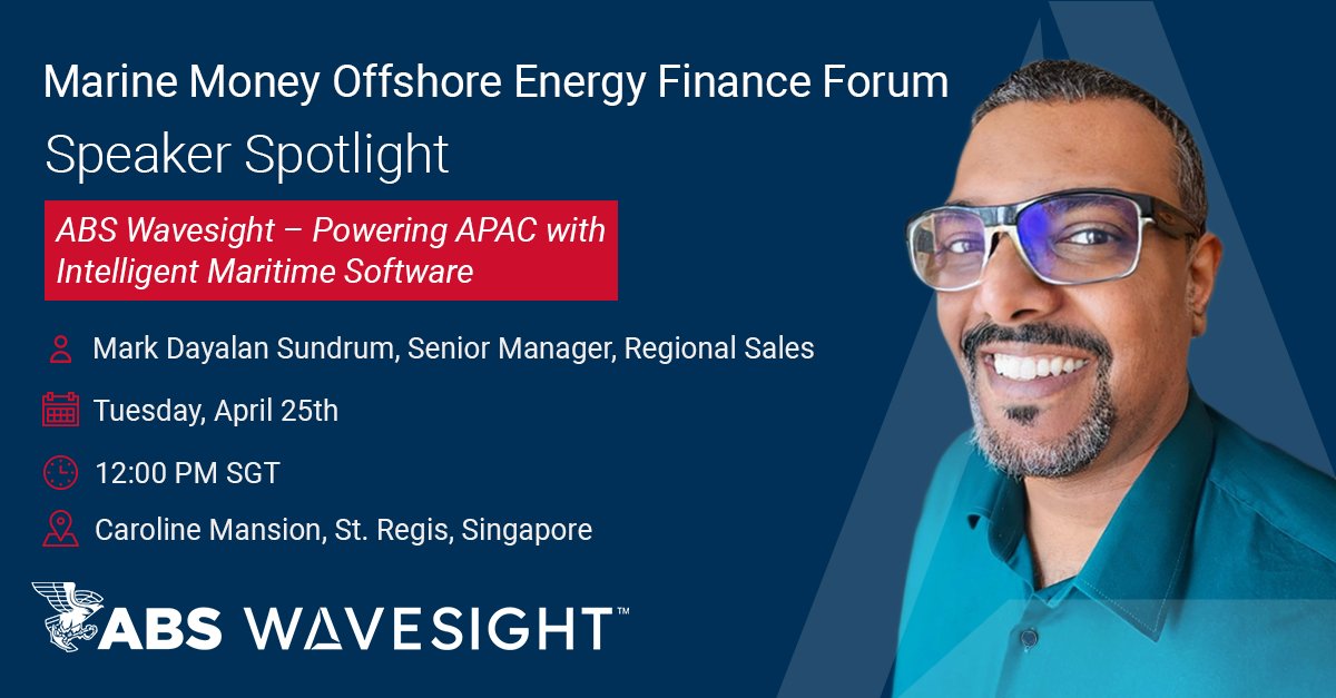 Heading to Singapore Maritime Week? Don’t miss the Marine Money Offshore Energy Finance Forum featuring ABS Wavesight’s very own Mark Dayalan Sundrum! Stop by to hear Mark discuss how intelligent maritime software is powering APAC: bit.ly/40ilnPh