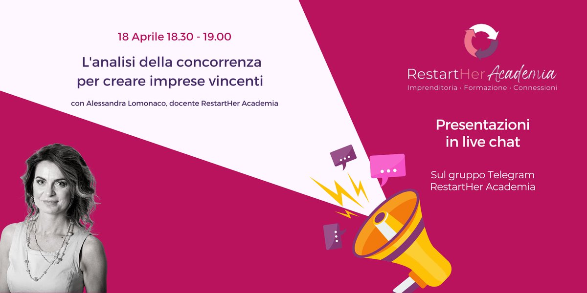 Tra poco meno di due ore ci vediamo sul gruppo Telegram #RestartHerAcademia di <a href="/hukysrl/">Huky</a> per una nuova #LiveChat formativa gratuita, questa volta per parlare di "Analisi della concorrenza" insieme ad <a href="/alelomi/">alessandra lomonaco</a> 😍
Come partecipare? Unitevi qui!: t.me/restartheracad….