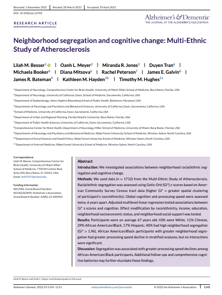 ***new article alert*** Neighborhood segregation and cognitive change: Multi-Ethnic Study of Atherosclerosis. Thank you @lilahbesser et al for your work #ENDALZ @ISTAART alz-journals.onlinelibrary.wiley.com/doi/abs/10.100…