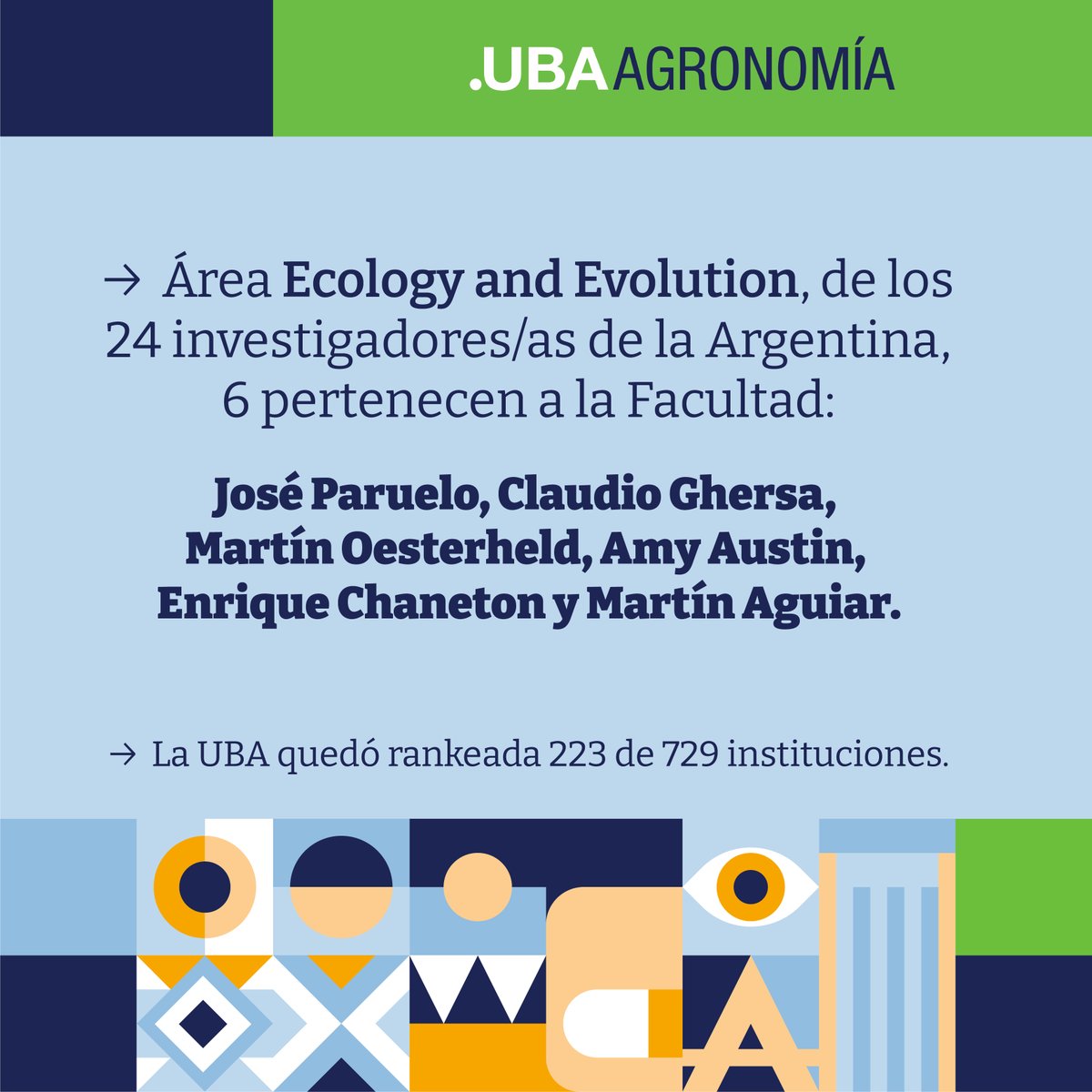 AgronomiaUBA's tweet photo. La plataforma https://t.co/QzwWOWFoKc, publicó la Edición 2023 del Ranking de los Mejores Científicos en distintas áreas del conocimiento. Felicitamos a todos los investigadores/as de FAUBA por este logro. #OrgulloUBA #OrgulloFAUBA
@guide2research
@UBAonline https://t.co/xqdRpl3fDA