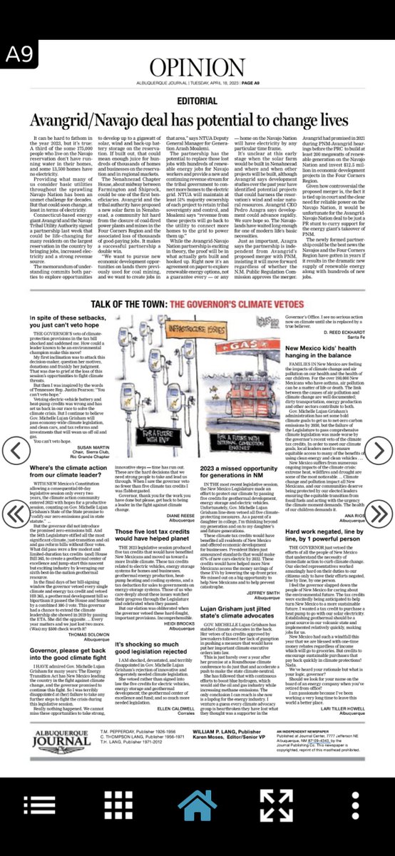 westernlaw's tweet image. A resounding public response to @GovMLG's #climate vetoes in the @ABQJournal:

In spite of these setbacks, you just can’t veto hope
SUSAN MARTIN

Where’s the climate action from our climate leader?
THOMAS SOLOMON