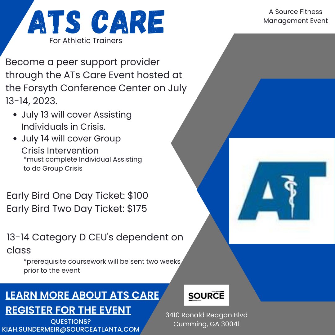 Source is pleased to host ATs Care training this July in Atlanta. See the attached information and follow the link to read more and register! This is a greAT opportunity to support each other and the profession. sourceatlanta.com/event-details/…