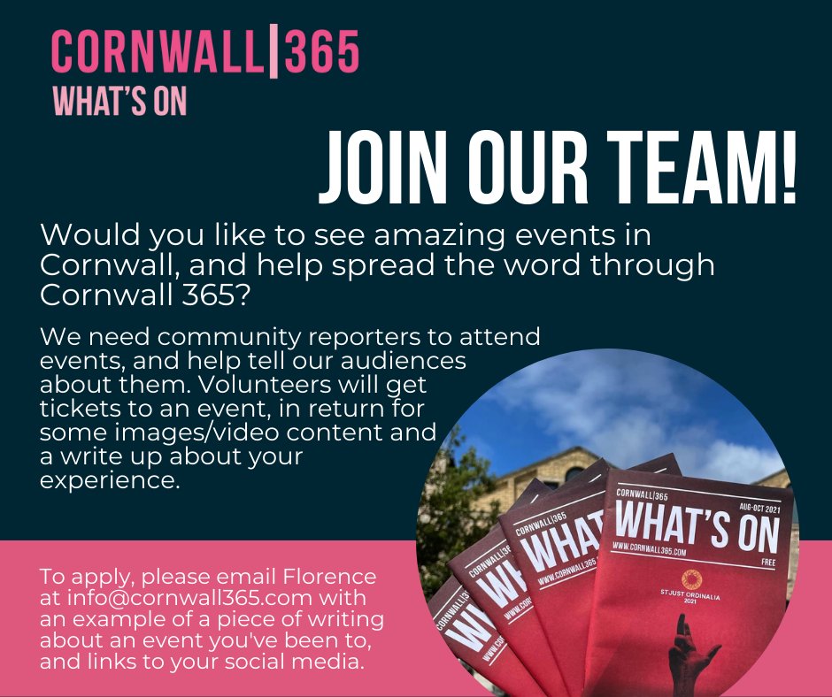 Join our team of Community Reporters! Attend a variety of great events (for free) all over Cornwall and share your experiences online with our What's On audience 📝
