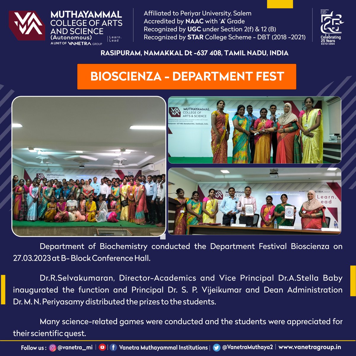 VanetraMuthaya2's tweet photo. Department of Biochemistry organized Bioscienza-Department Fest on 27.03.2023 at B-Block Conference Hall.
#bioscienza #departmentfest #departmentfestival #biochemistry #biochemistrystudent #biochemistry_lab #biochemistryanalyzer #festivals #Science https://t.co/sCjtNGaEkV