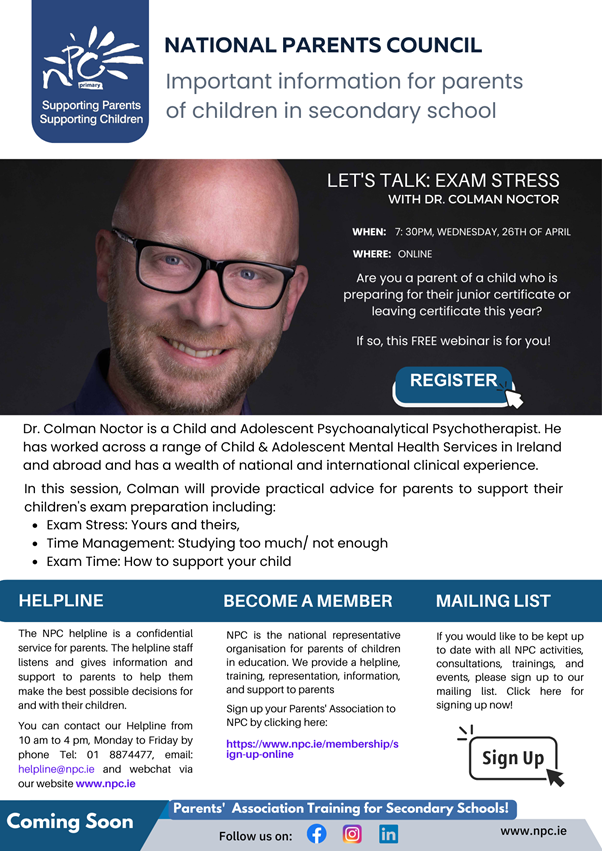 A free webinar with Dr. Colman Noctor for parents regarding exam stress will take place on Wednesday, 26th April at 19:30. All information below #ExamStress #JuniorCert #LeavingCert