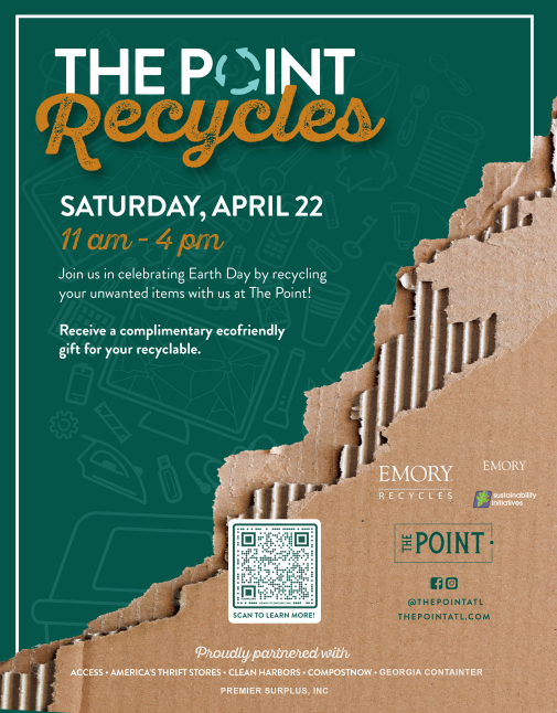 EmoryStafCouncl's tweet photo. Join us in celebrating Earth Day by recycling your unwanted items at The Point! Use the QR on the flyer for more information.

🌍  SATURDAY - APRIL 22, 2023
1540 Avenue Place
Atlanta, GA 3029

✳️ Bonus: Receive a complimentary ecofriendly gift for your recyclable. https://t.co/ypzrWVoBnO