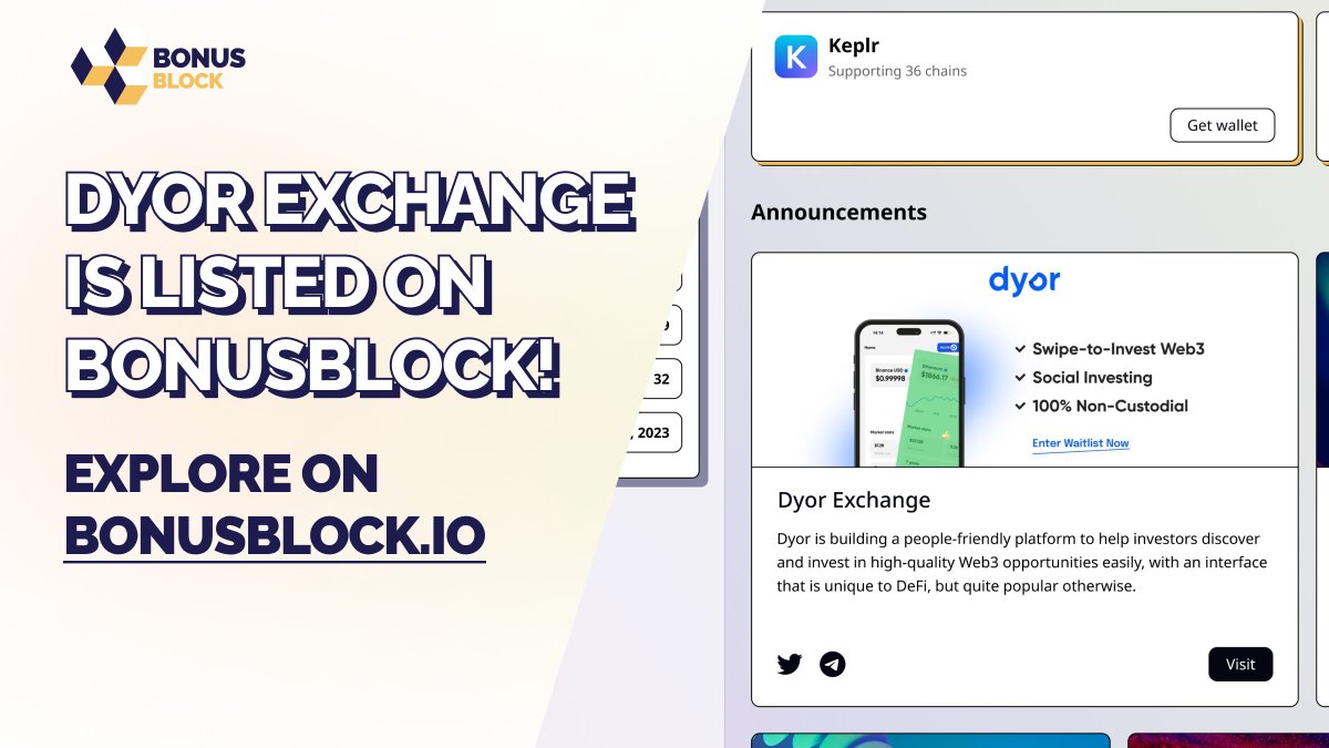 bonus_block's tweet photo. Meet @dyorexchange ! 🎉
One of the first listings on BonusBlock🟨

@dyorexchange is building a people-friendly platform to help investors discover and invest in high-quality #Web3 opportunities easily, with an interface that is unique to #DeFi, but quite popular otherwise. 

📈grow investor presence for projects
💻easy interface that is unique to DeFi

Enter waitlist now on https://t.co/P73y5lNsg7

Don’t forget to follow on their socials
Twitter https://t.co/f6l3zpjTNd
Telegram https://t.co/KuYa55vtc8