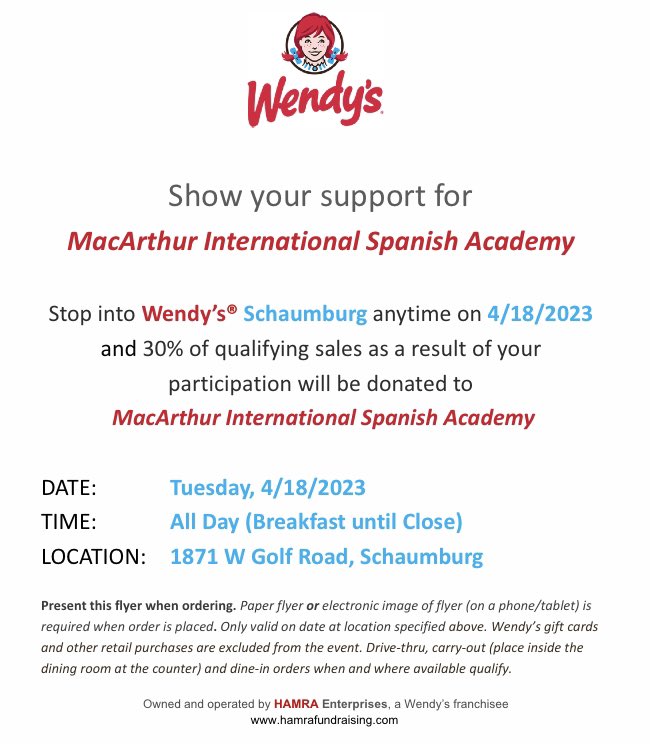 MacArthur Elem. PTA (@macarthurpta) on Twitter photo Our friends at Wendy’s are giving back 30% when you show this flyer at the 1871 W Golf Rd location! Stop by and support our Toros! <a href="/MacToros54/">MacArthur International Spanish Academy</a> Our friends at Wendy’s are giving back 30% when you show this flyer at the 1871 W Golf Rd location! Stop by and support our Toros! <a href="/MacToros54/">MacArthur International Spanish Academy</a>