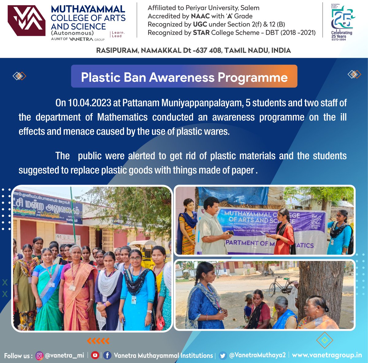 VanetraMuthaya2's tweet photo. Department of Mathematics organized Plastic Ban Awareness Programme at Pattanam Muniyappampalayam village on 10.04.2023
#plastic #plasticfree #PLASTICWASTE #noplastic #plasticpollution #plasticawareness #plasticaware #plasticawarness #plasticawareness #plasticban #plasticbanned https://t.co/yE2kZEg4vr