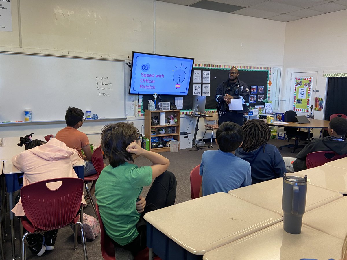 ClassWithCarmen's tweet photo. Thank you Officer Riddick for teaching our @Coltranewebb 5th graders about speed and how content is used in the real world today. We learned about tools used to measure speed and even got to test them out to see who ran the fastest. @CCSSTEM https://t.co/E52j3TWbmo