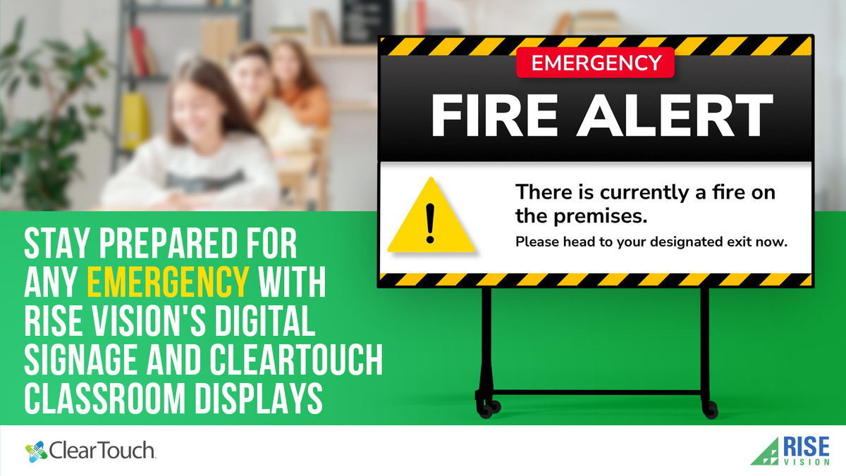 RiseVision's tweet image. Stay prepared for any emergency with Rise Vision&apos;s digital signage and @getClearTouch interactive displays. Quickly disseminate important information and keep your school community informed and safe. #InteractDifferently #edtech #interactiveflatpanel