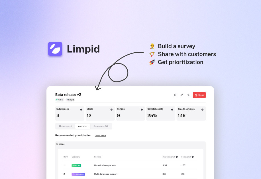 sideprojectors's tweet photo. Side project showcase - check out Limpid - Involve customers, prioritize features, powered by the Kano Model - https://t.co/ueImmBzHMJ @sideprojectors #sideproject #makers #entrepreneur #limpid https://t.co/ArGQMUOcbI