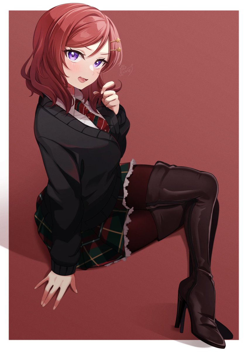 nishikino maki 1girl solo boots thigh boots purple eyes red hair skirt  illustration images
