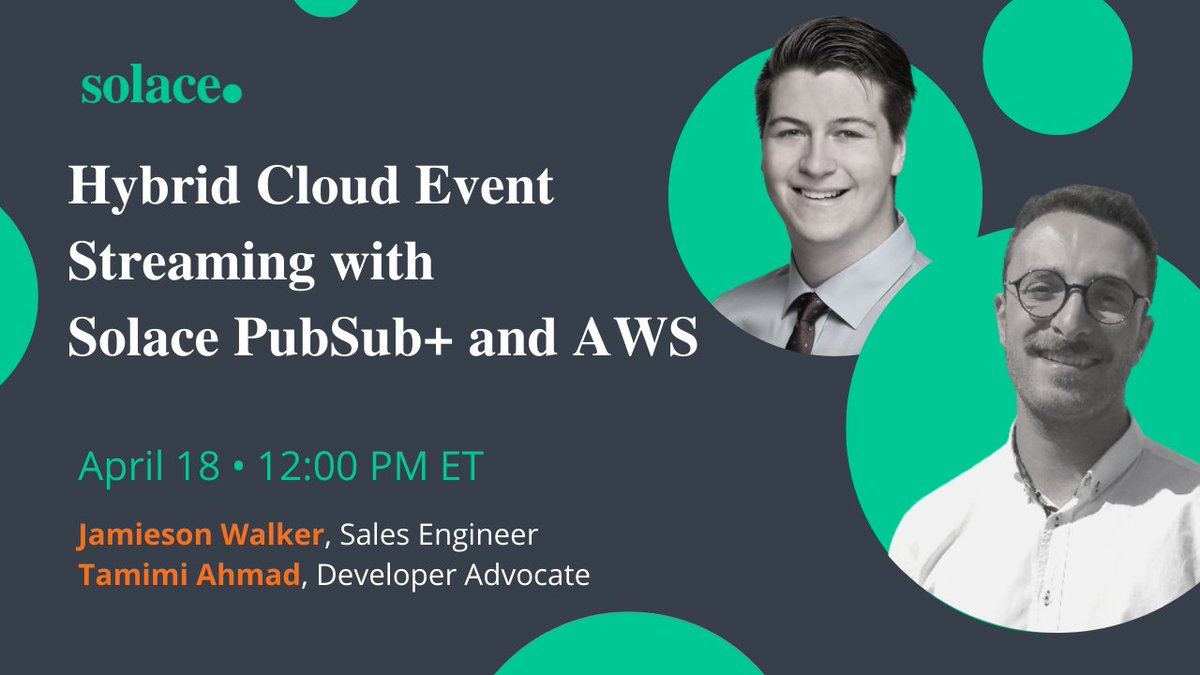 SolaceDevs's tweet photo. Don't forget that our public workshop “Hybrid Cloud Event Streaming with 
@solacedotcom #pubsubplus and #AWS” will start in an hour, at 12PM ET TODAT, April 18. You can still register now to watch it at https://t.co/4Zex33gxTL https://t.co/s9bfOcXVen